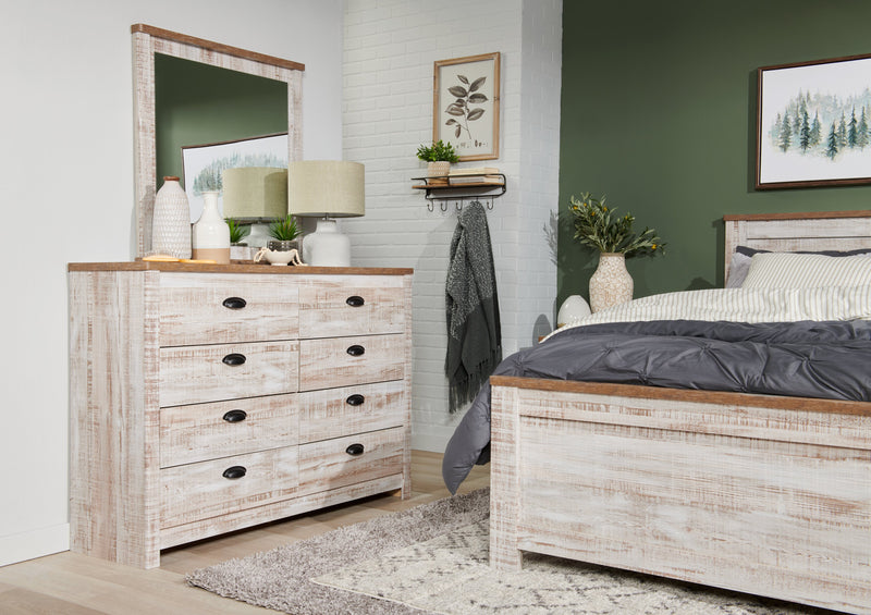 Kaia 6pc Bedroom Set with Panel Bed, Dresser, Mirror & Nightstand, Whitewash - Full Size