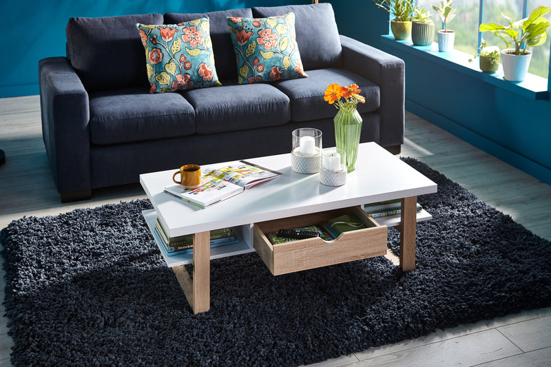 Izaac 47.25\" Modern Coffee Table with Storage and Shelf - White and Brown 