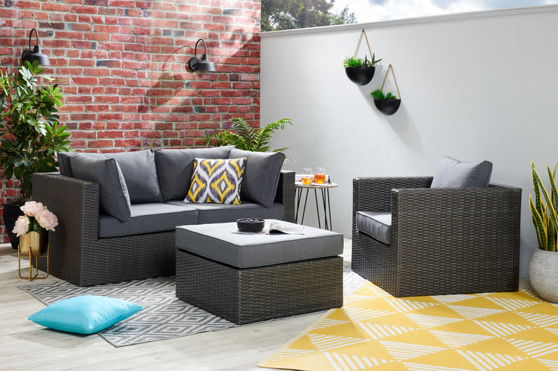 Morris Large Outdoor Patio Ottoman - Hand-Woven Resin Wicker, Olefin Fabric, UV & Weather Resistant - Grey
