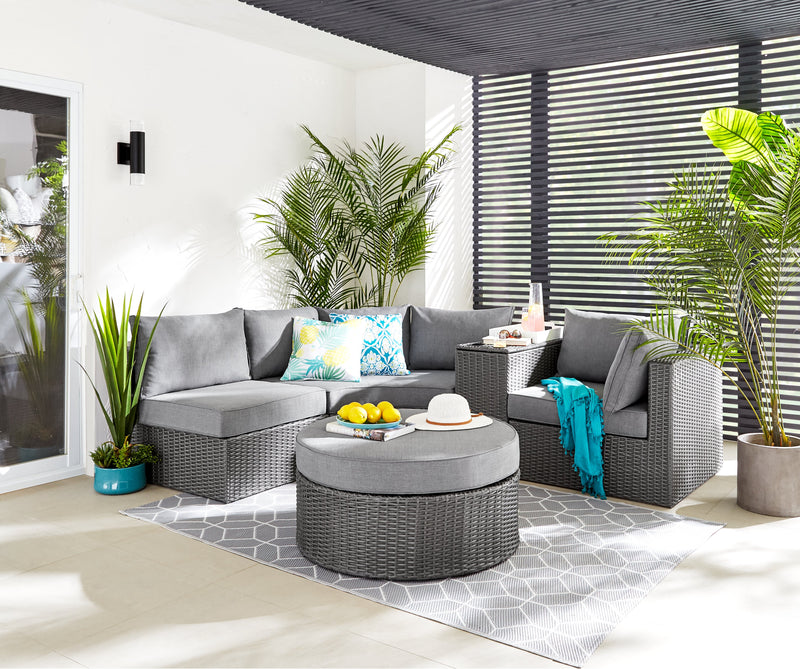 Morris 5-Piece Outdoor Patio Storage Set with 3 Corner Chairs & 2 Armless Chairs - Hand-Woven Resin Wicker, Olefin Fabric, UV & Weather Resistant - Grey