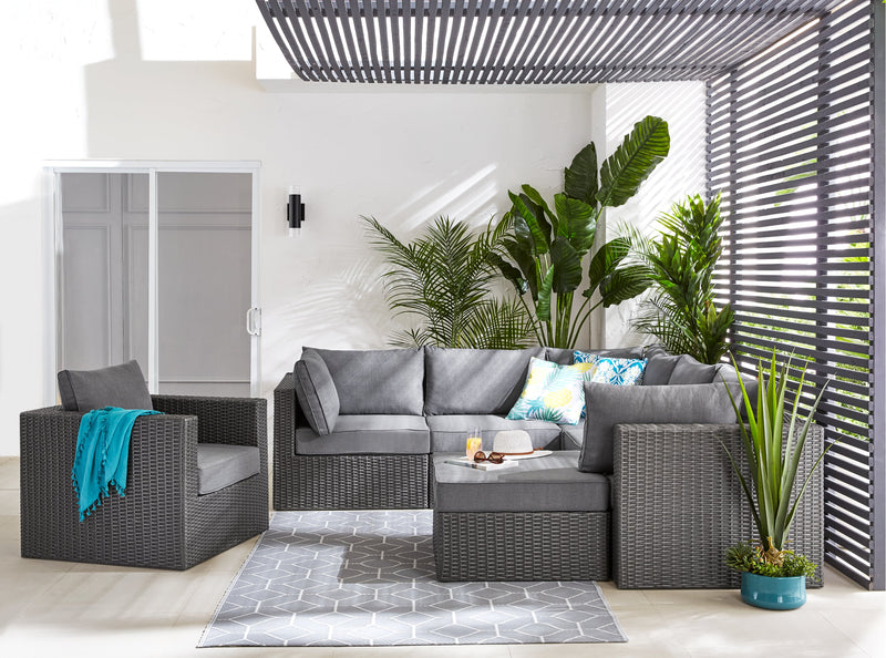Morris Corner Outdoor Patio Storage Chair - Hand-Woven Resin Wicker, Olefin Fabric, UV & Weather Resistant - Grey