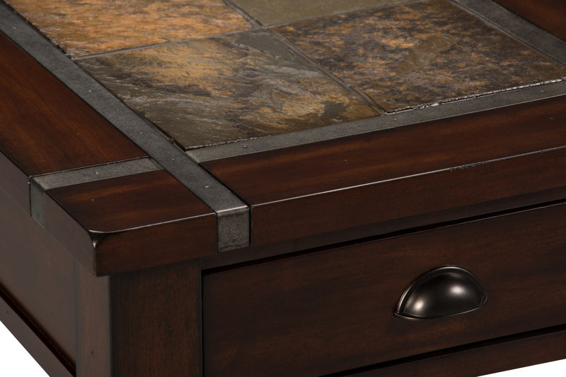 Roanoke 22\" Rustic End Table with Storage and Shelf - Dark Cherry Wood and Slate Inlay