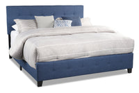 Page Upholstered Bed in Blue Linen-Look Fabric, Button Tufted - King Size 