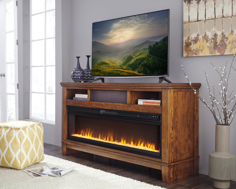 Ralene 64\" TV Stand with Glass and Rock Firebox