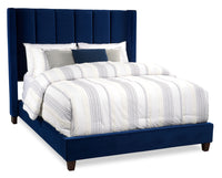 Reid Upholstered Wingback Bed in Blue Velvet Fabric, Tufted - Queen Size 