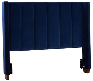 Reid Upholstered Wingback Headboard in Blue Velvet Fabric, Tufted - Queen Size