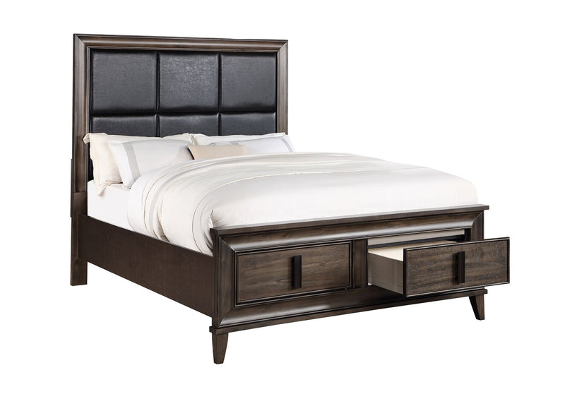 Kane 6pc Bedroom Set with Storage Bed, Dresser, Mirror & Nightstand, Vegan Leather, Brown - Queen Size