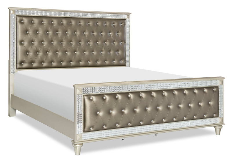 Tyra 6pc Bedroom Set with Bed, Dresser, Mirror & Nightstand, Glam, Vegan Leather, Champagne - Queen Size
