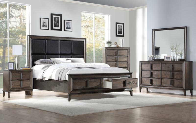 Kane 6pc Bedroom Set with Storage Bed, Dresser, Mirror & Nightstand, Vegan Leather, Brown - Queen Size