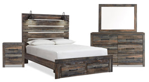 Abby 6pc Bedroom Set with Storage Bed, Dresser, Mirror & Nightstand, LED, USB, Brown - Queen Size