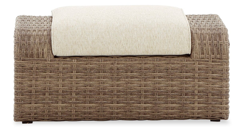 Cali Large Outdoor Patio Ottoman - Resin Wicker & Nuvella Fabric, UV & Weather Resistant - Brown/Beige