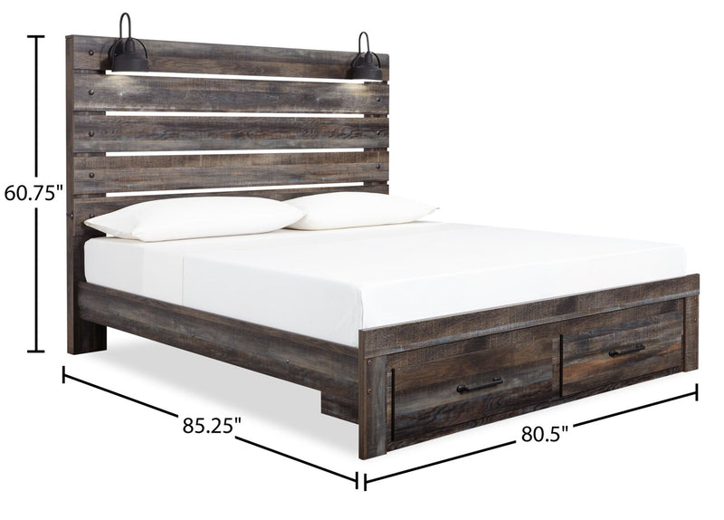 Abby 5pc Bedroom Set with Storage Bed, Dresser & Mirror, LED, USB, Brown - King Size
