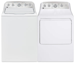 GE 4.9 Cu. Ft. Top Load Washer and 7.2 Cu. Ft. Gas Dryer – White