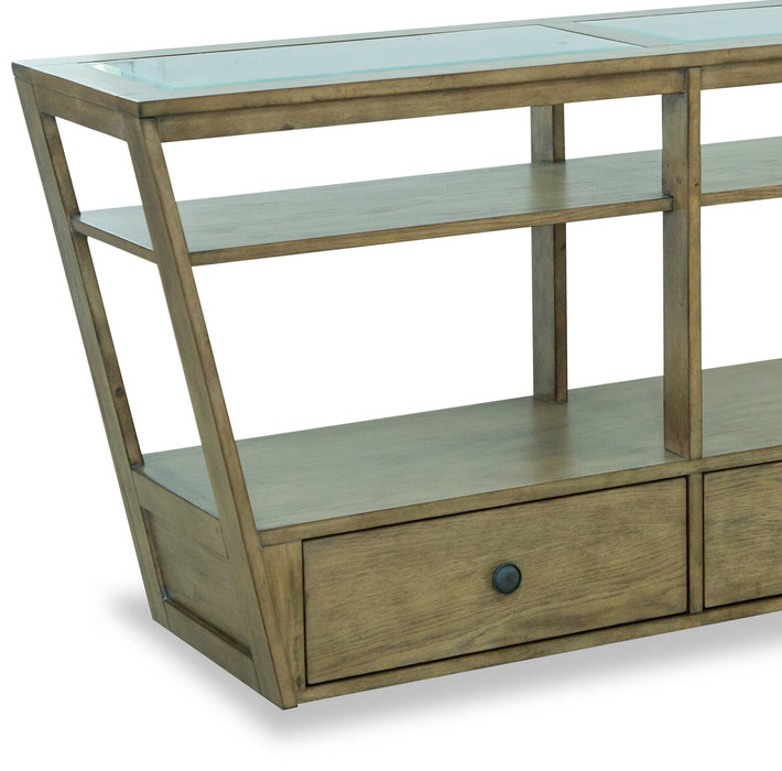 Esme 56\" Traditional Glass Top Sofa Table with Storage and Shelf - Light Brown Wood