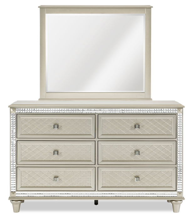 Tyra 6pc Bedroom Set with Bed, Dresser, Mirror & Nightstand, Glam, Vegan Leather, Champagne - Queen Size