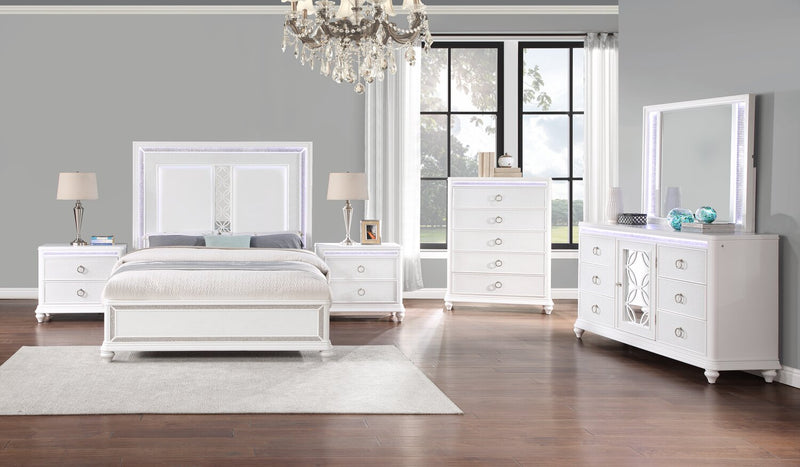 Ava 6pc Bedroom Set with Bed, Dresser, Mirror & Nightstand, LED, Glam, White - Queen Size