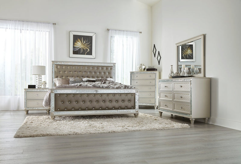 Tyra 6pc Bedroom Set with Bed, Dresser, Mirror & Nightstand, Glam, Vegan Leather, Champagne - Queen Size