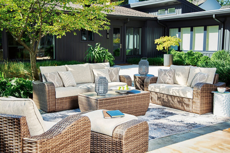 Cali Large Outdoor Patio Ottoman - Resin Wicker & Nuvella Fabric, UV & Weather Resistant - Brown/Beige