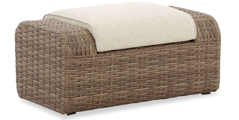 Cali Large Outdoor Patio Ottoman - Resin Wicker & Nuvella Fabric, UV & Weather Resistant - Brown/Beige