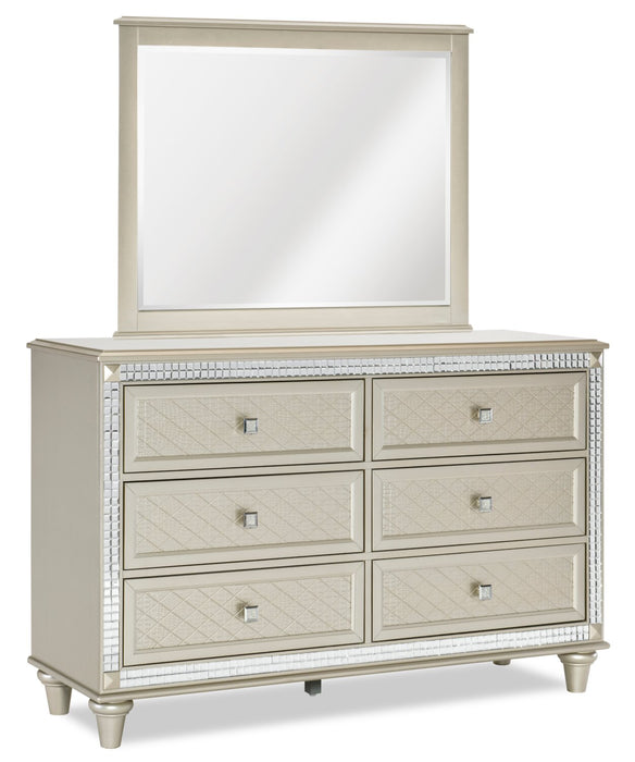 Tyra 6pc Bedroom Set with Bed, Dresser, Mirror & Nightstand, Glam, Vegan Leather, Champagne - Queen Size