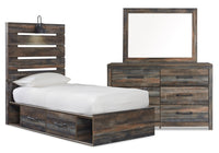 Abby 5pc Bedroom Set with Side Storage Bed, Dresser & Mirror for Kids, LED, USB, Brown - Twin Size 