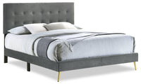 Gabi Upholstered Bed in Charcoal Velvet Fabric with Gold Finish Legs, Button Tufted - Queen Size 