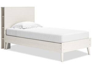 Mavi Platform Bed with Bookcase Headboard & Frame for Kids, USB, Mid-Century Modern, White - Twin Size