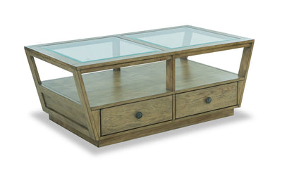 Esme 48" Traditional Glass Top Coffee Table with Storage and Shelf - Light Brown Wood|Table à café traditionnelle Esme de 48 po avec dessus en verre, rangement et tablette - bois brun clair
