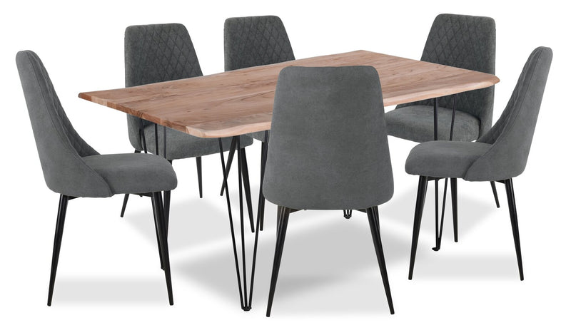 Miya 7pc Dining Set with Table & 6 Chairs, Live Edge, Acacia Wood, Metal, 60\"W - Charcoal