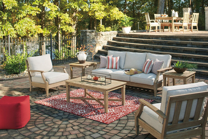 Juno Outdoor Patio Sofa - Eucalyptus Wood & Nuvella Fabric, UV & Weather Resistant - Natural/Beige