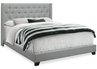 Portia Upholstered Wingback Bed in Grey Fabric with Nailhead Design, Button Tufted - Queen Size 