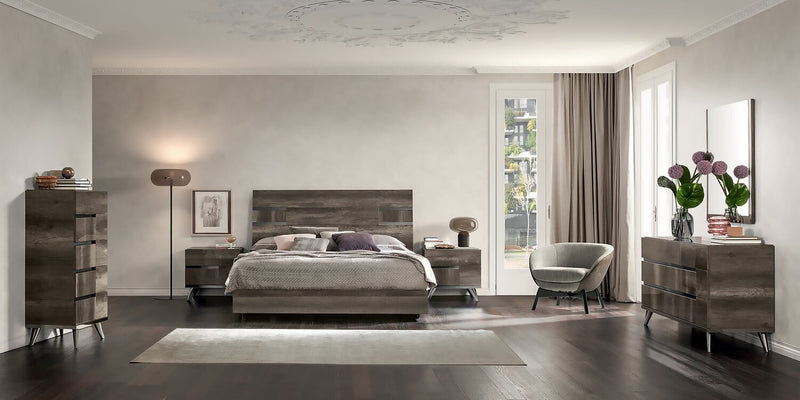 Gino 5pc Bedroom Set with Panel Bed, Dresser & Mirror - Made in Italy, Modern, Brown - Queen Size