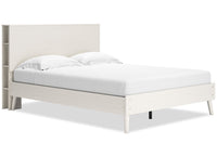 Mavi Platform Bed with Bookcase Headboard & Frame, USB, Mid-Century Modern, White - Queen Size 