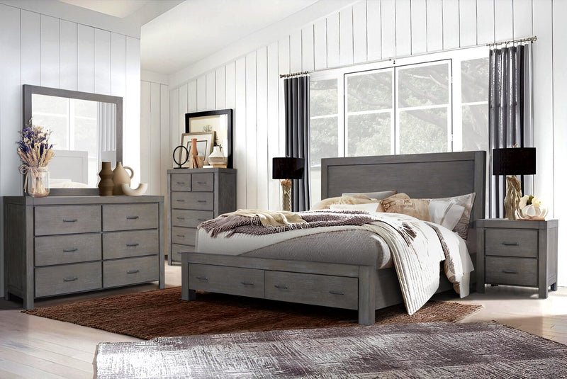 Koda 6pc Bedroom Set with Storage Bed, Dresser, Mirror & Nightstand, Wooden, Grey - King Size