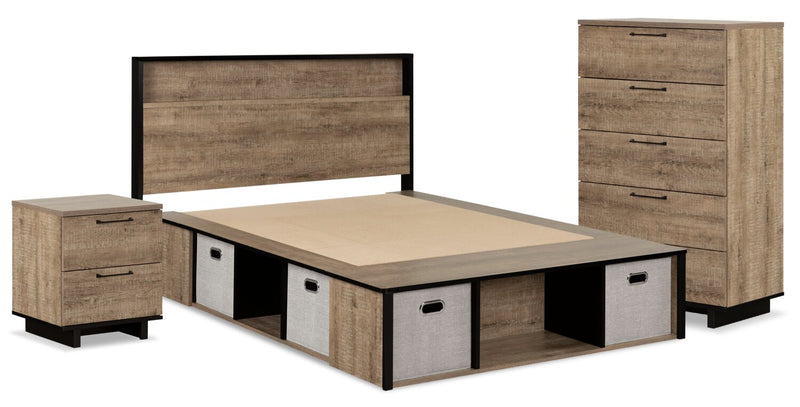 Everley Platform Bed 5pc Set with Panel Headboard, Chest & Nightstand, Two-Tone - Full Size