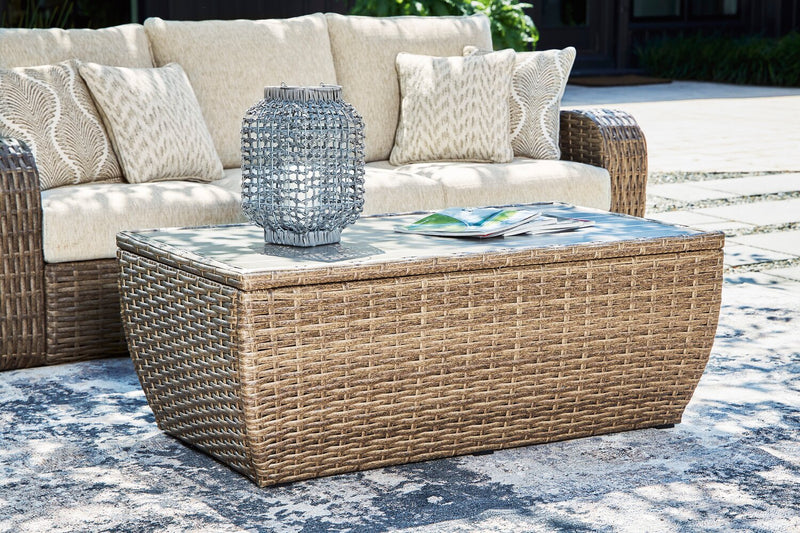 Cali Outdoor Patio Coffee Table - 49\"W, Hand-Woven Resin Wicker, UV & Weather Resistant - Natural