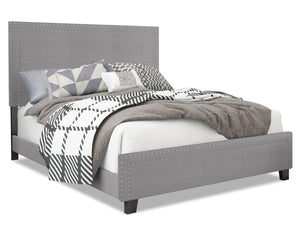 Avery Upholstered Bed in Grey Fabric with Nailhead Design - Queen Size