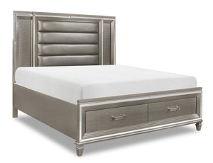 Max Platform Storage Bed with Headboard & Frame, LED, Vegan Leather, Glam, Silver - Queen Size