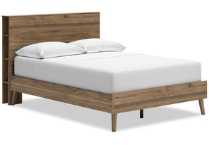 Mavi Platform Bed with Bookcase Headboard & Frame, USB, Mid-Century Modern, Brown - Full Size