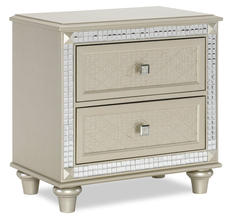 Tyra 6pc Bedroom Set with Bed, Dresser, Mirror & Nightstand, Glam, Vegan Leather, Champagne - Queen Size