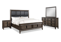 Kane 6pc Bedroom Set with Storage Bed, Dresser, Mirror & Nightstand, Vegan Leather, Brown - King Size 