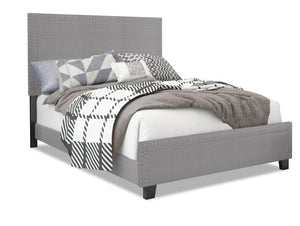 Avery Upholstered Bed in Grey Fabric with Nailhead Design - Full Size