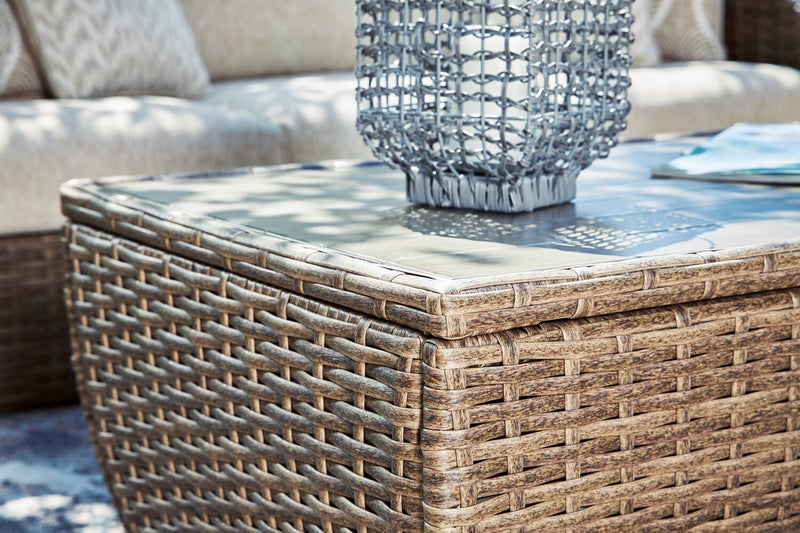 Cali Outdoor Patio Coffee Table - 49\"W, Hand-Woven Resin Wicker, UV & Weather Resistant - Natural