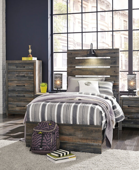 Abby 5pc Bedroom Set with Panel Bed, Dresser & Mirror for Kids, LED, USB, Brown - Twin Size