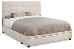 Minka Upholstered Storage Platform Bed in Beige Fabric, Tufted - Queen Size