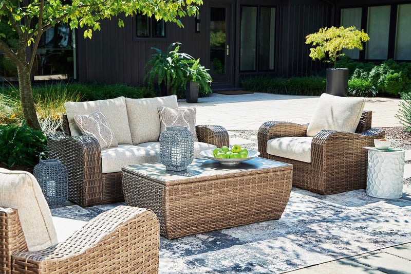 Cali Outdoor Patio Coffee Table - 49\"W, Hand-Woven Resin Wicker, UV & Weather Resistant - Natural