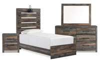 Abby 6pc Bedroom Set with Panel Bed, Dresser, Mirror, Nightstand for Kids, LED, USB, Brown - Twin Si… 