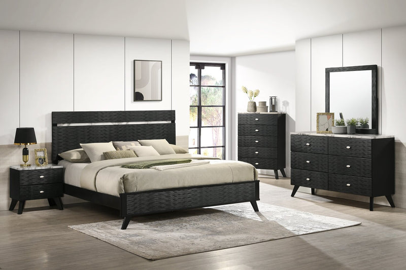 Atlas 5pc Bedroom Set with Bed, Dresser & Mirror, Mid-Century Modern, Black - King Size