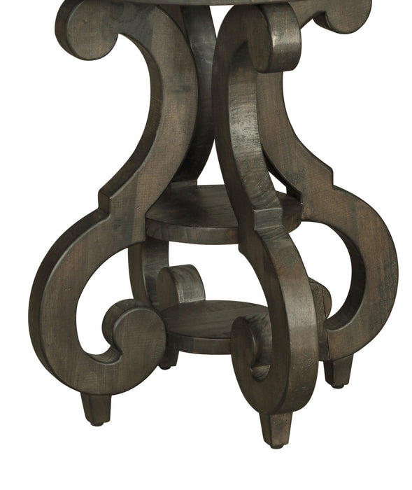Bellamy 22\" Traditional Round End Table with Shelf - Dark Brown Pine with Scroll Design Wood Base