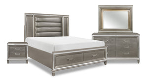 Max 6pc Bedroom Set with Storage Bed, Dresser, Mirror & Nightstand, LED, Glam, Silver - King Size